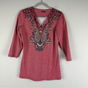 J. McLaughlin Red Paisley V-Neck 3/4 Sleeve Catalina Cloth Top Size Medium
